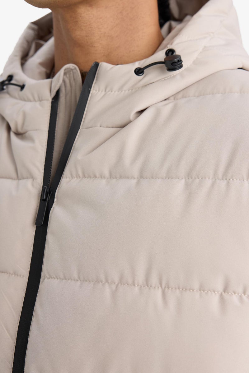 DeFacto Beige Man Slim Fit Lined Hooded Zippered Padded Waterproof Jacket Casual - Image 5